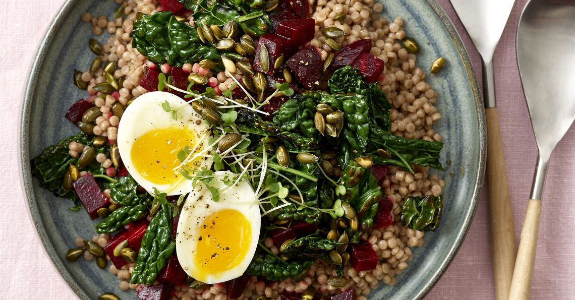 Giant couscous salad with soft boiled eggs, beetroots and greens Egg